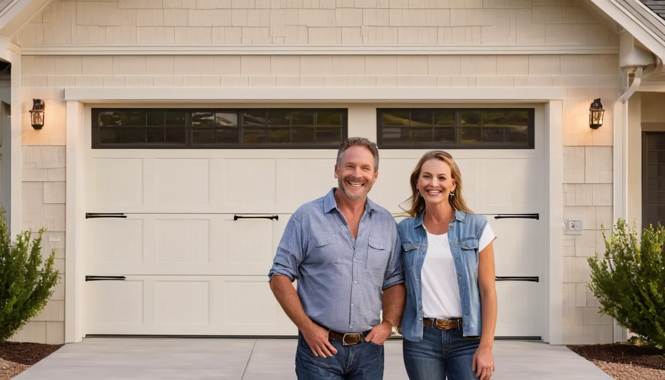 A friendly provider showing a homeowner a new garage door sample outside a stucco ranch home in the Carson area