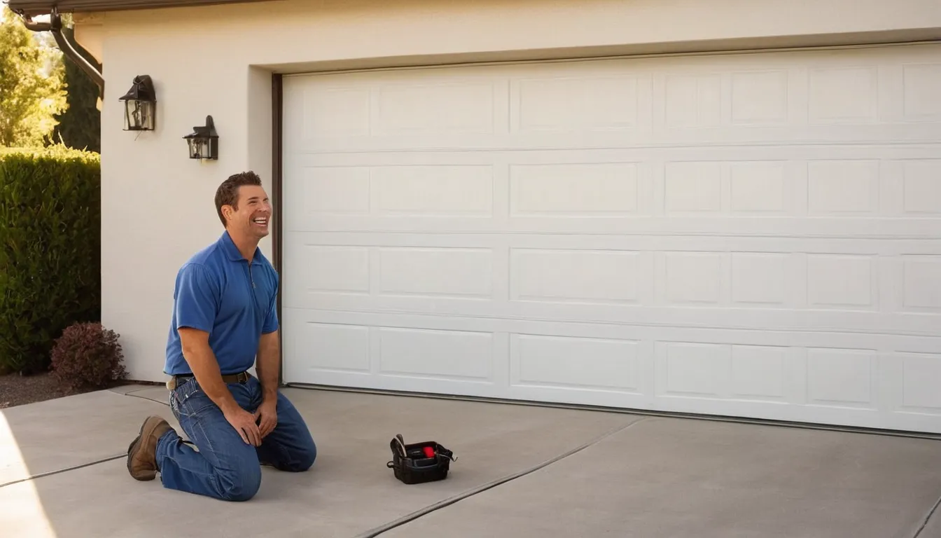 Friendly independent provider checking a garage door track on a stucco home in Carson