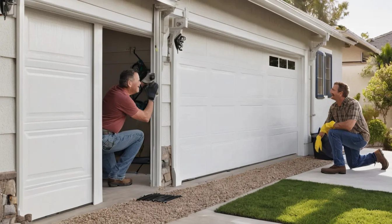 Provider checking a torsion spring above a garage door at a stucco home in Carson